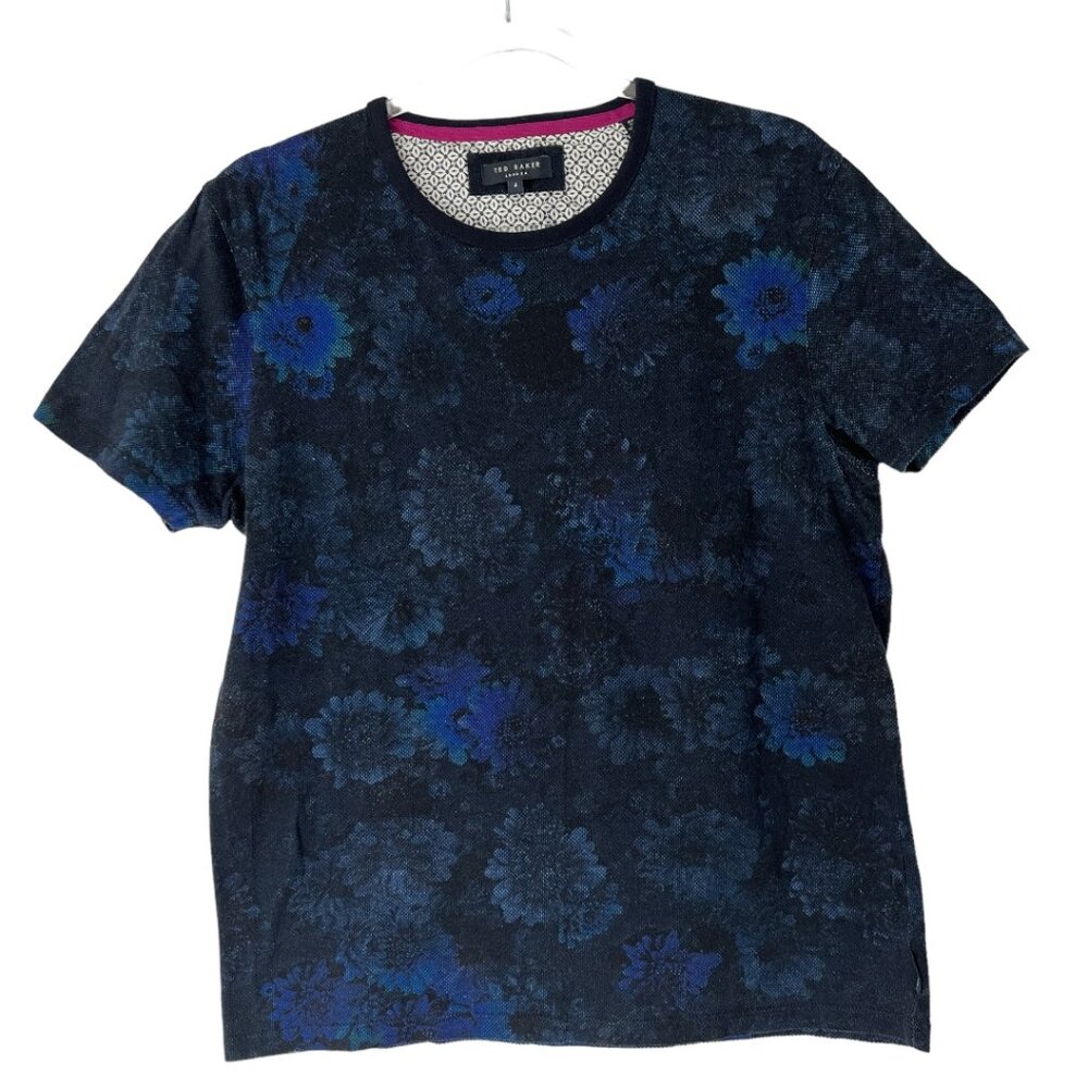 Ted Baker Mens Blue Floral Print Crewneck Short Sleeve T-Shirt  Size 4 (Large)